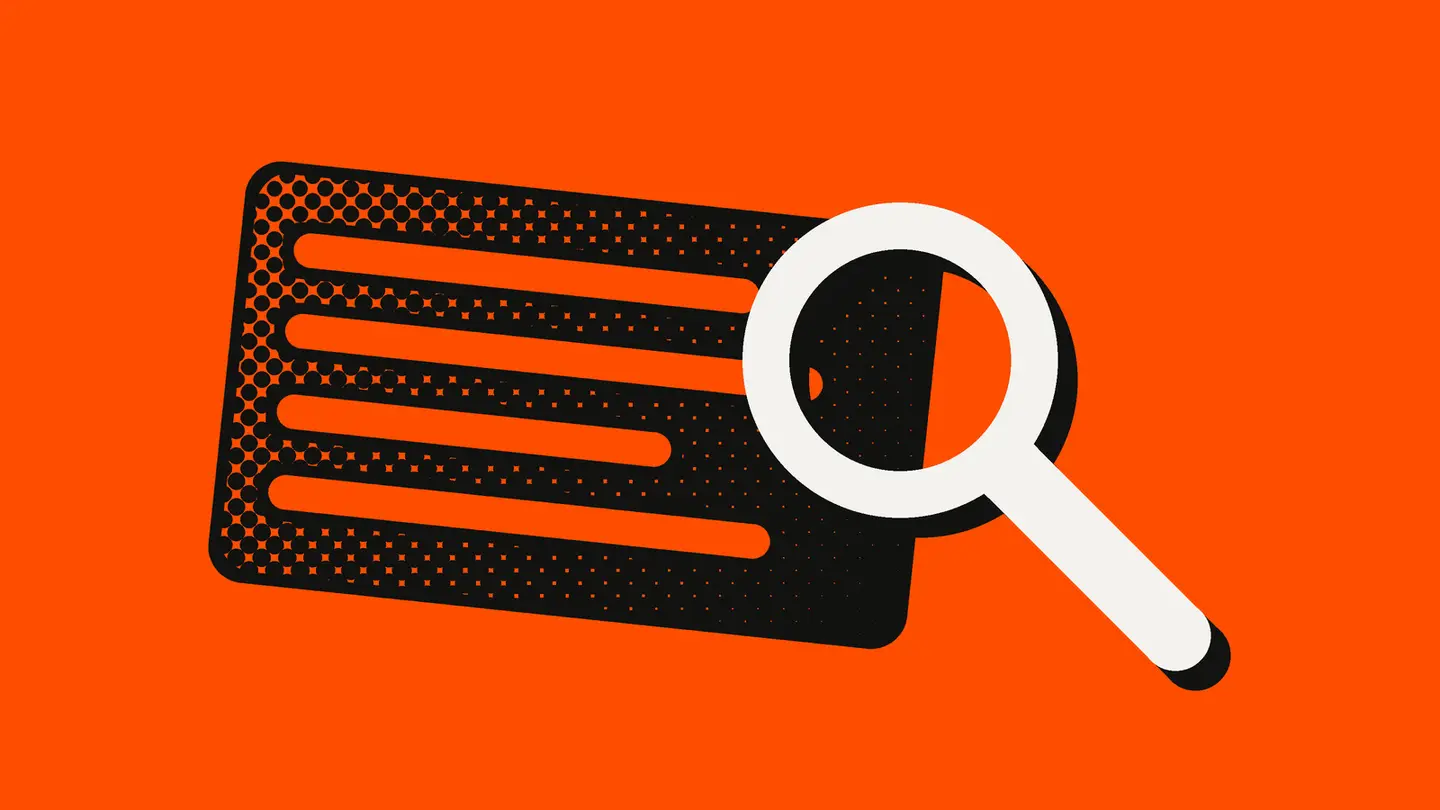 A black halftone card with blank text lines on an orange-red background, under a white magnifying glass.