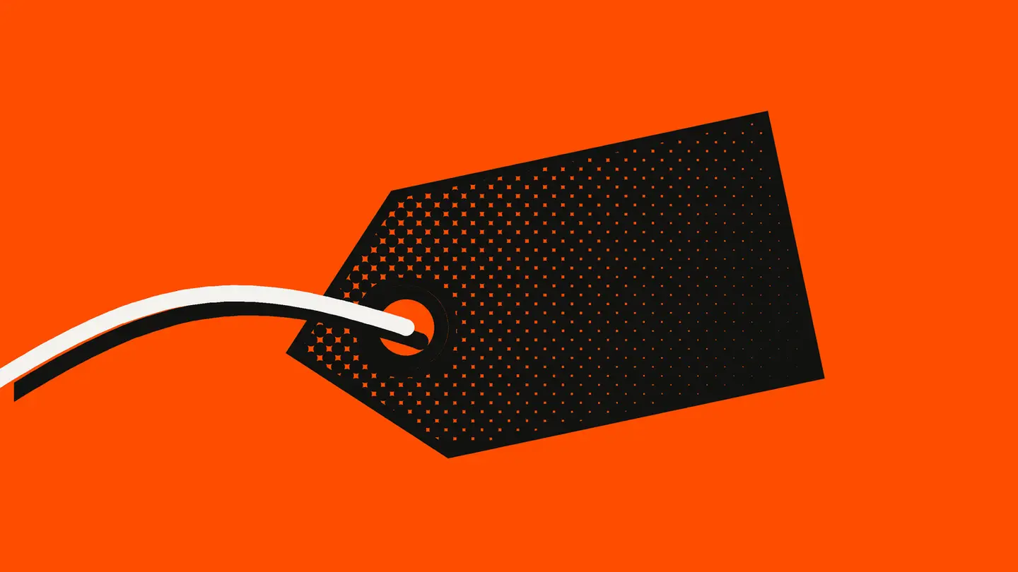 A black halftone price tag on an orange-red background, pulled away on a white cord.