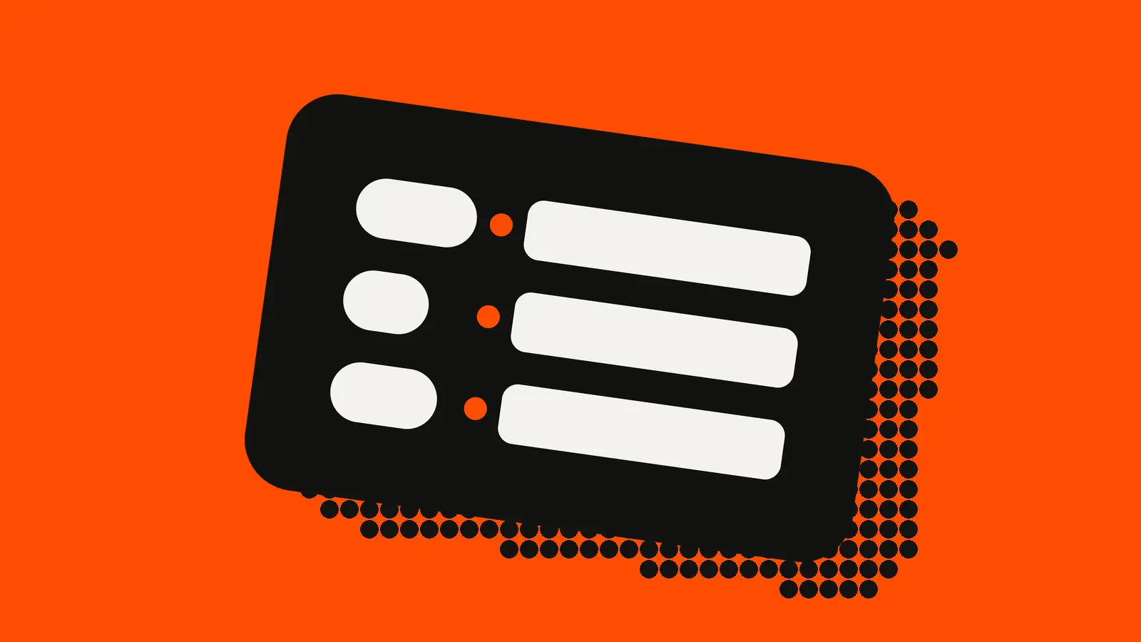 Three rows on a black card on an orange-red background, each pairing a short white bar with a longer one through an orange dot, standing in for search terms matched to the ads that served.