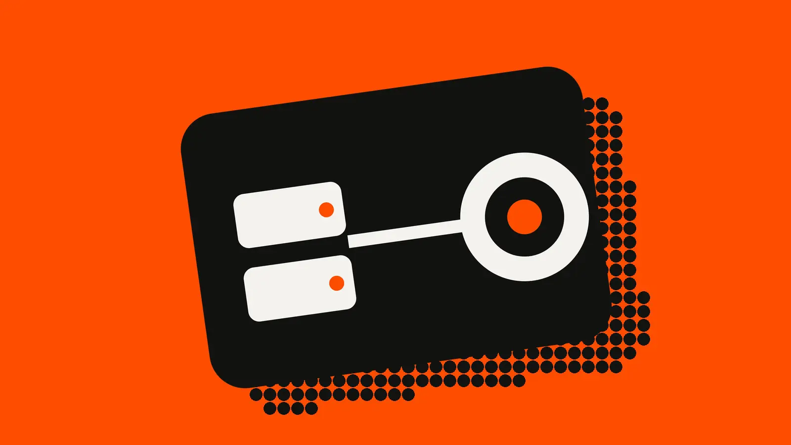 Two white rectangular blocks on the left of a tilted black card, joined by a straight white line to a white ring with an orange center on the right, against an orange-red background.