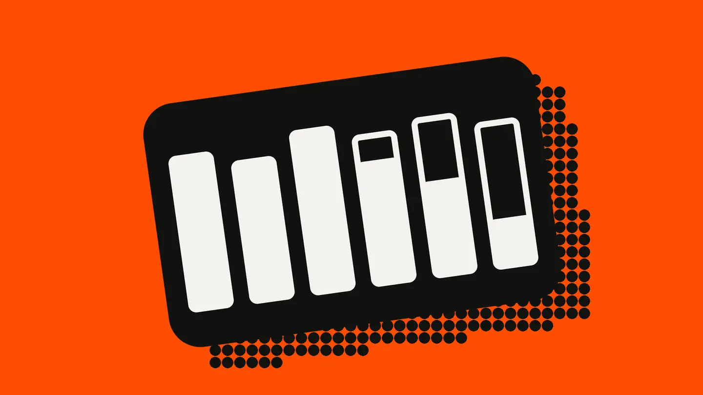 A black card on an orange-red background holding six white bars. The three on the left are solid, and the three on the right are outlines only partly filled in.