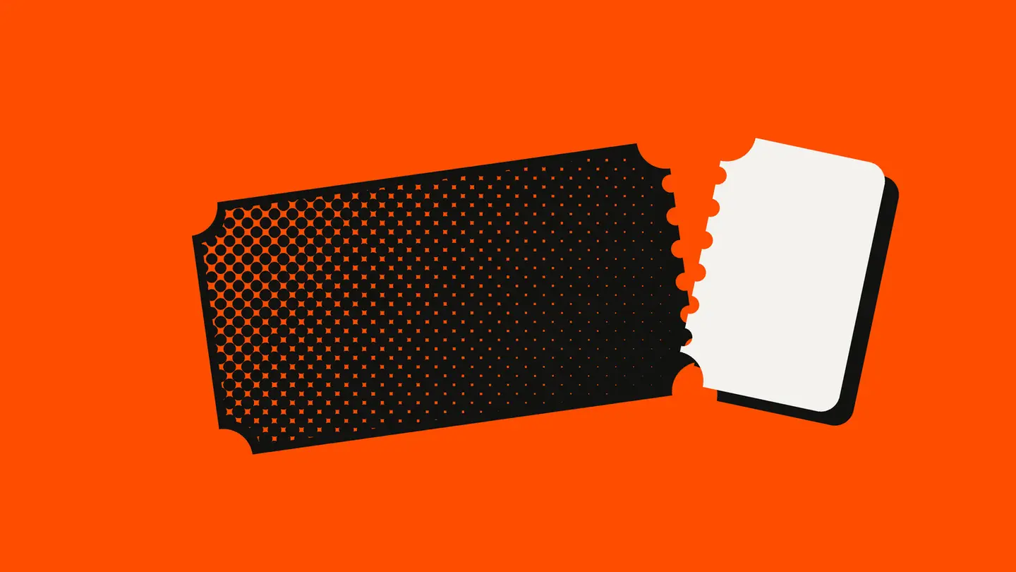 A black halftone ticket on an orange-red background with its white stub torn off along the perforation.