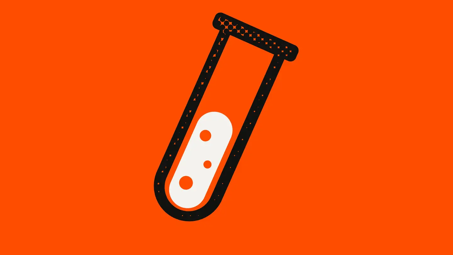 A black halftone test tube on an orange-red background, holding white liquid with bubbles.