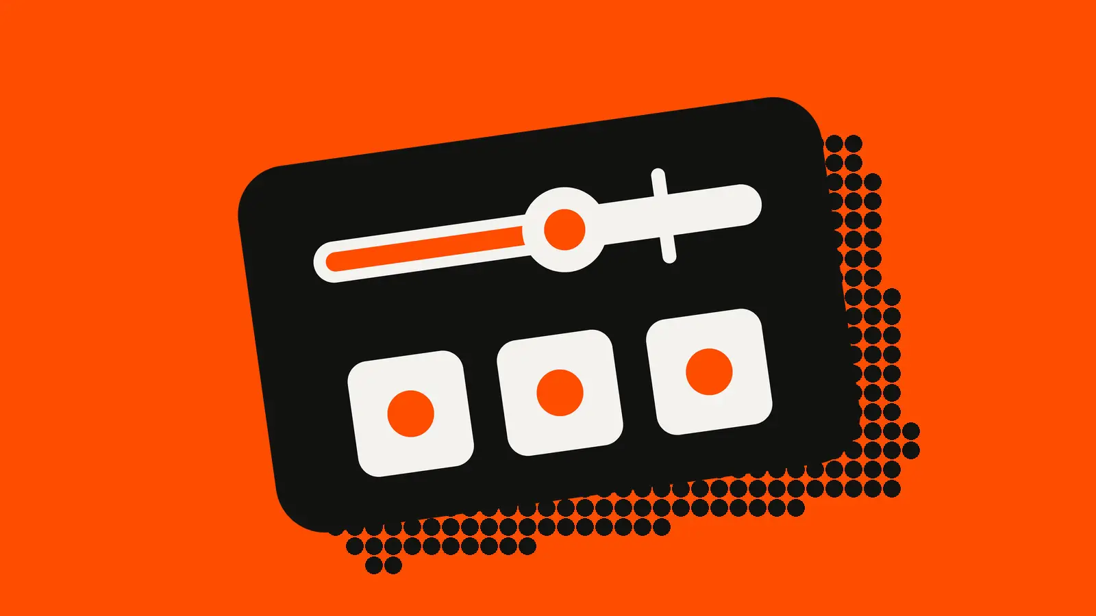 A black card on an orange-red background holding a white slider with its knob pulled left of a notch, above three white tiles with orange dots.