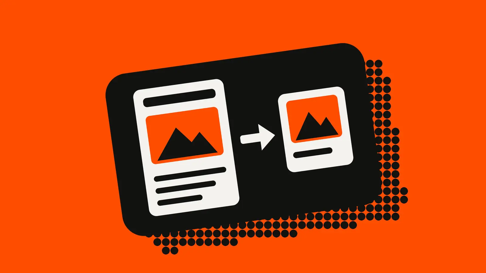 A black card on an orange-red background holding a white web page with a picture of mountains, and an arrow pointing to a smaller white ad card showing the same picture.