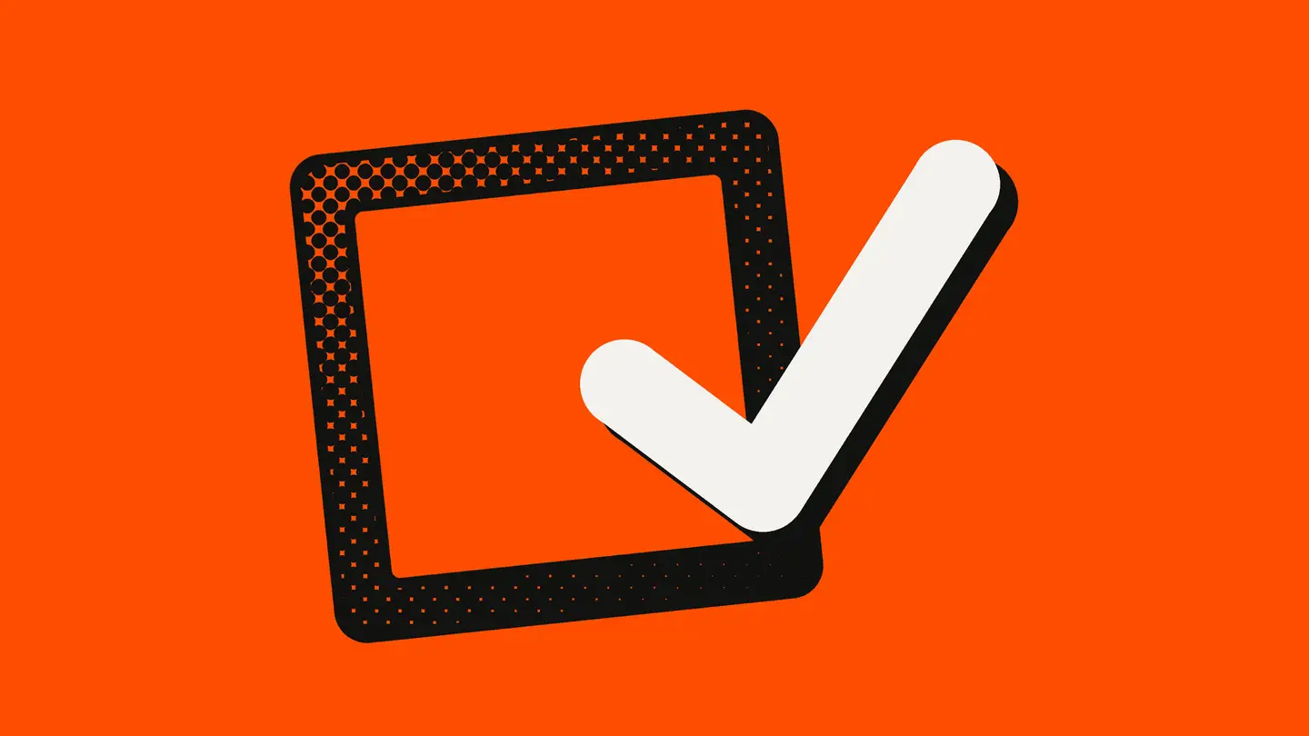 A black halftone checkbox on an orange-red background with its white check mark sliding out of the box.
