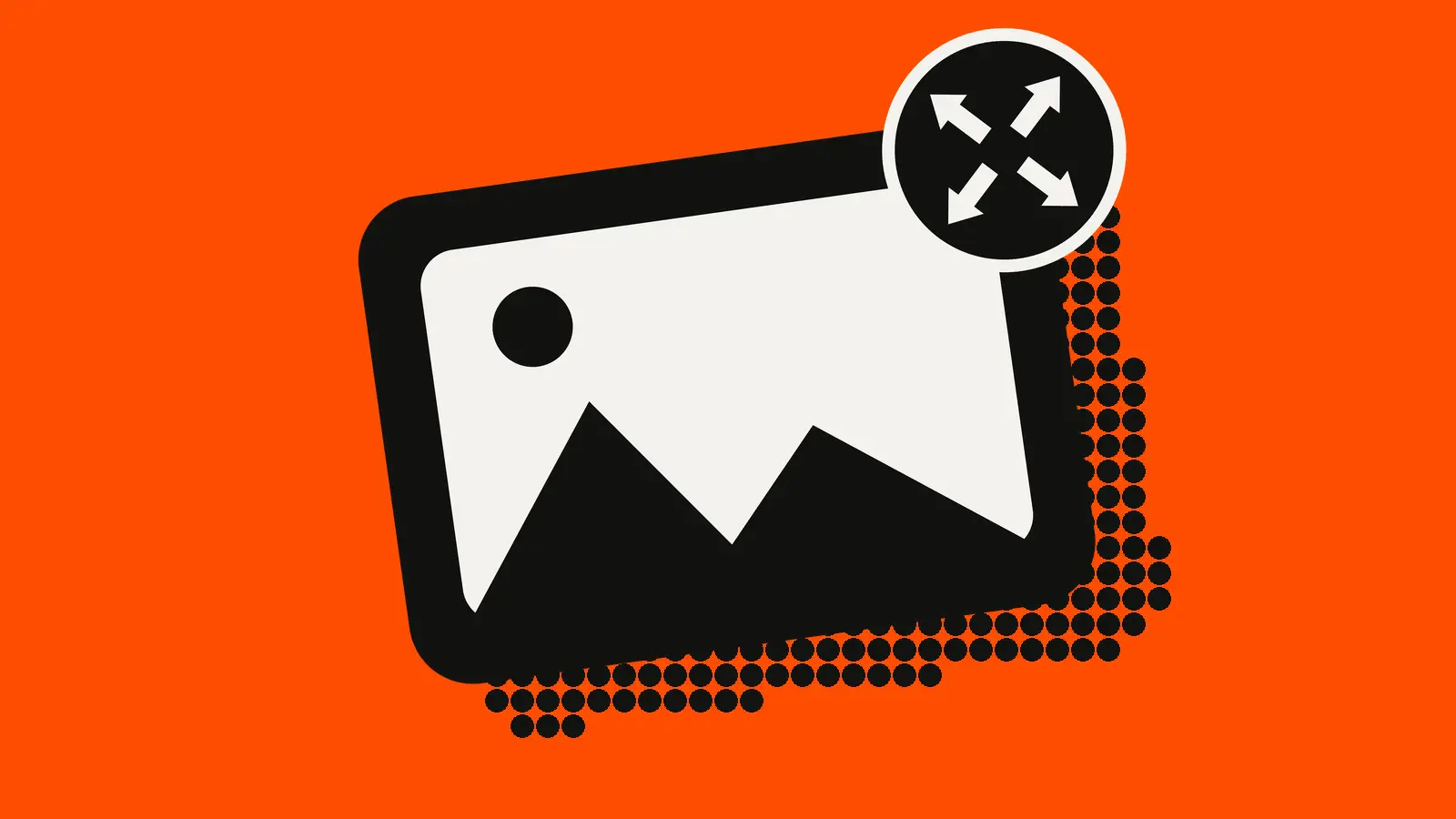A black picture frame on an orange-red background, with a white circle holding outward arrows.