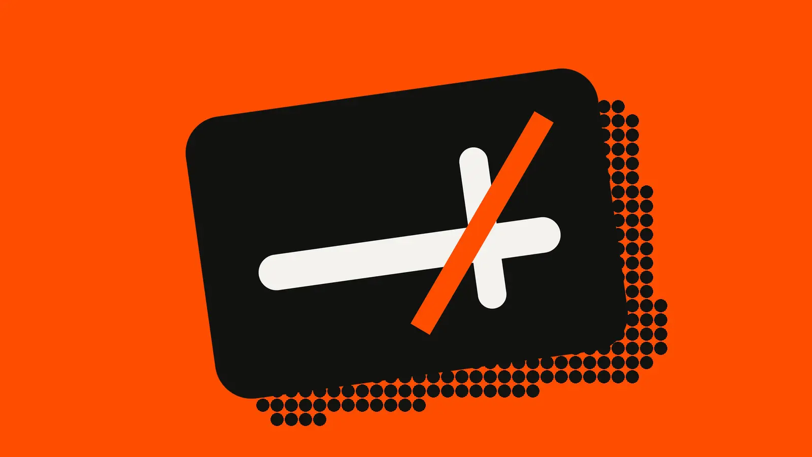 A white horizontal bar with a short upright post near its right end, crossed by an orange slash, on an ink card against an orange-red background.