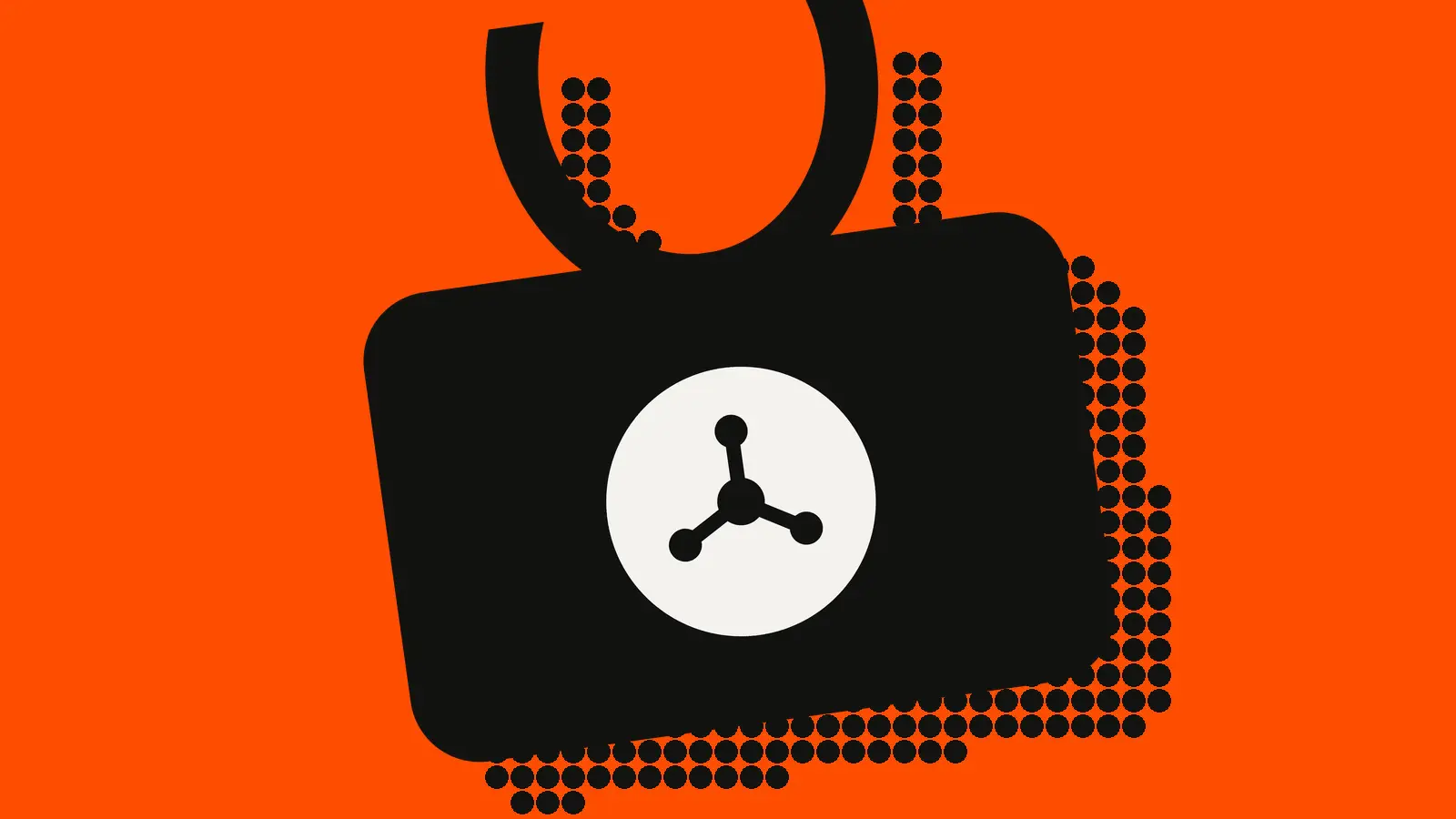 A black shopping bag on an orange-red background, with a white circle holding a three-node hub.