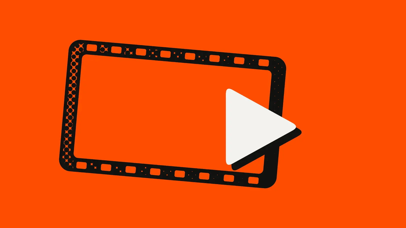A black halftone film frame on an orange-red background with a white play button breaking out of its edge.