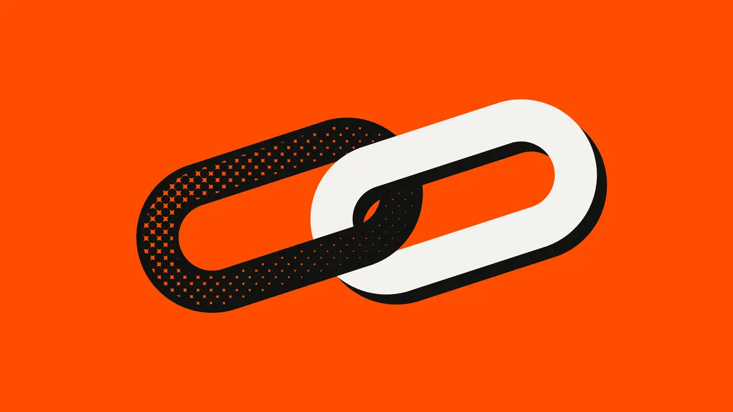 Two interlocked chain links on an orange-red background, one black halftone and one white.