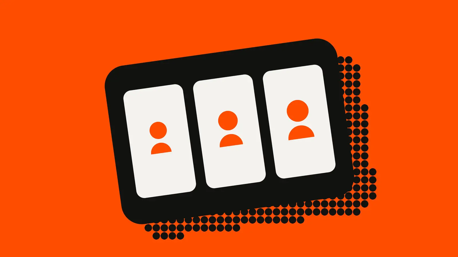 Three white tiles on a black card, each with an orange person figure, on an orange-red background, standing in for ad creatives that each carry their own audience.