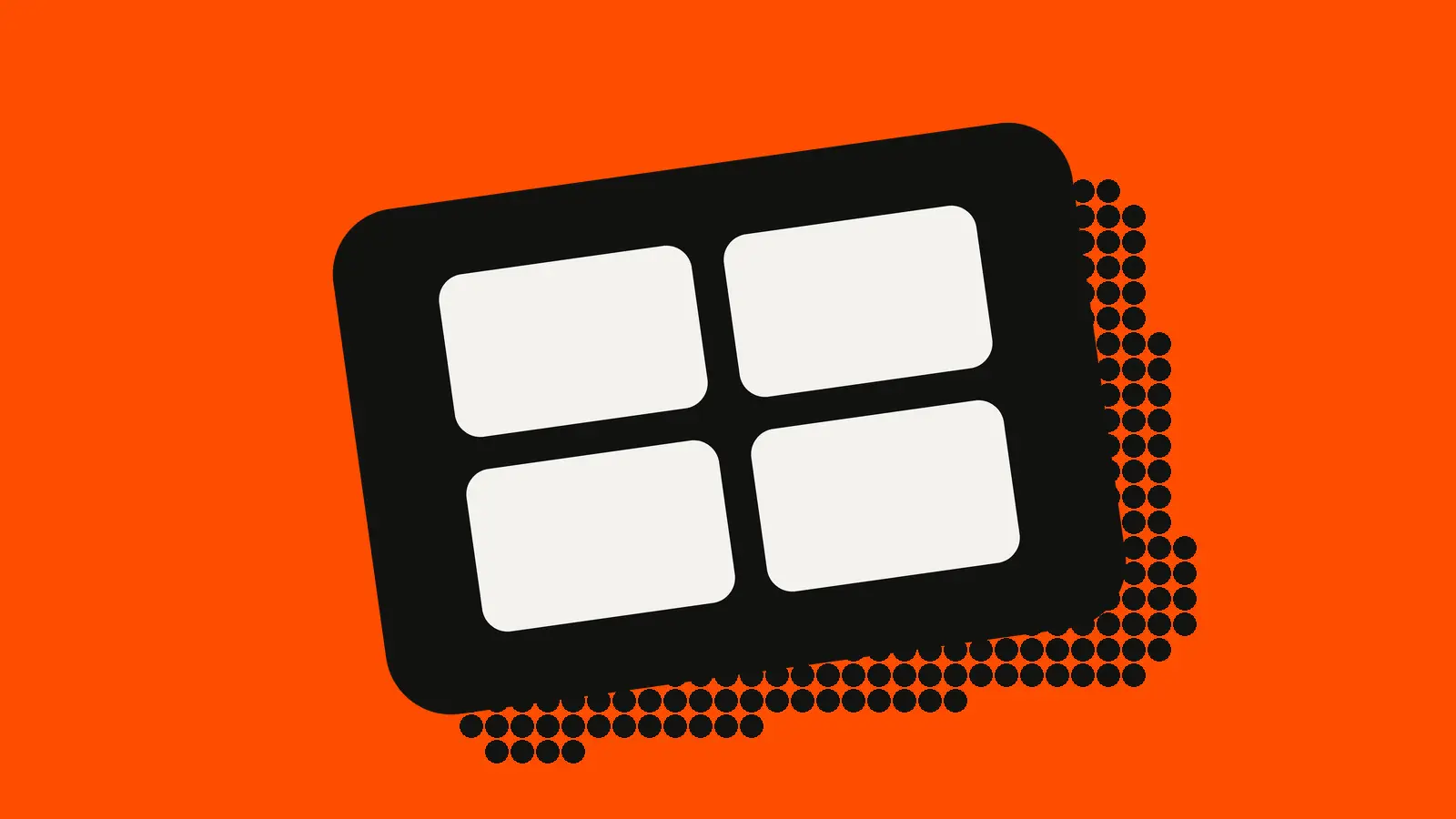 Four white tiles on a black card, on an orange-red background, standing in for ad placements.