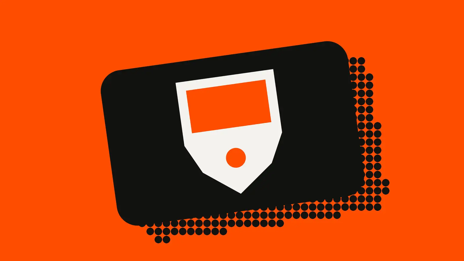A white shield on a black card, on an orange-red background, split into a solid orange upper band and a lower band with a single orange dot.