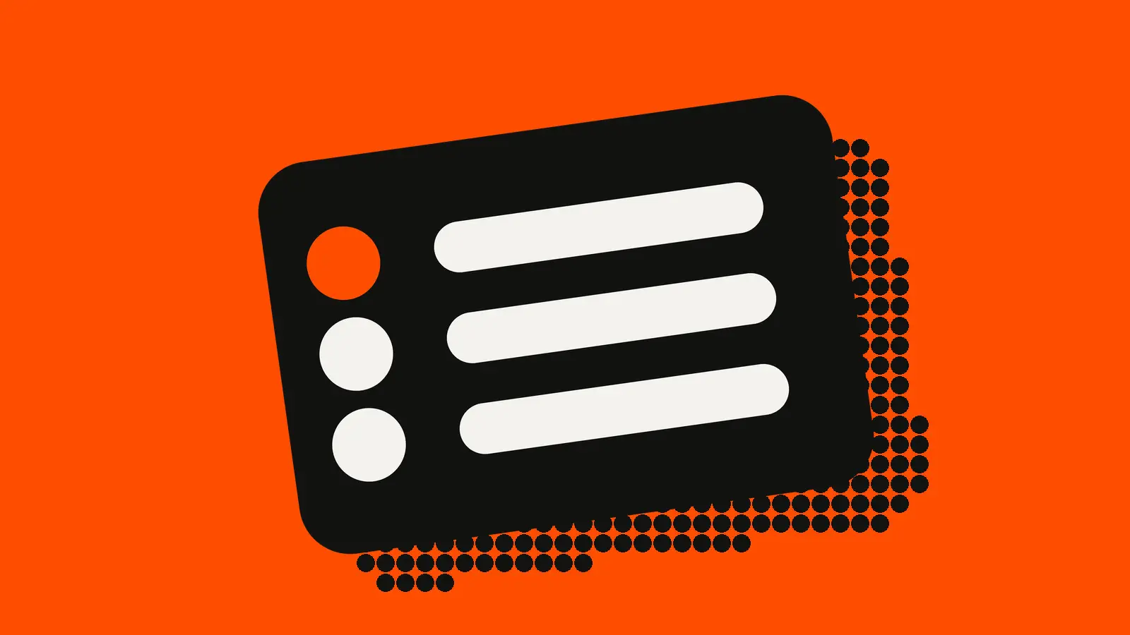 Three white rounded bars on a black card, each with a round marker at its left end and the top marker orange, on an orange-red background.