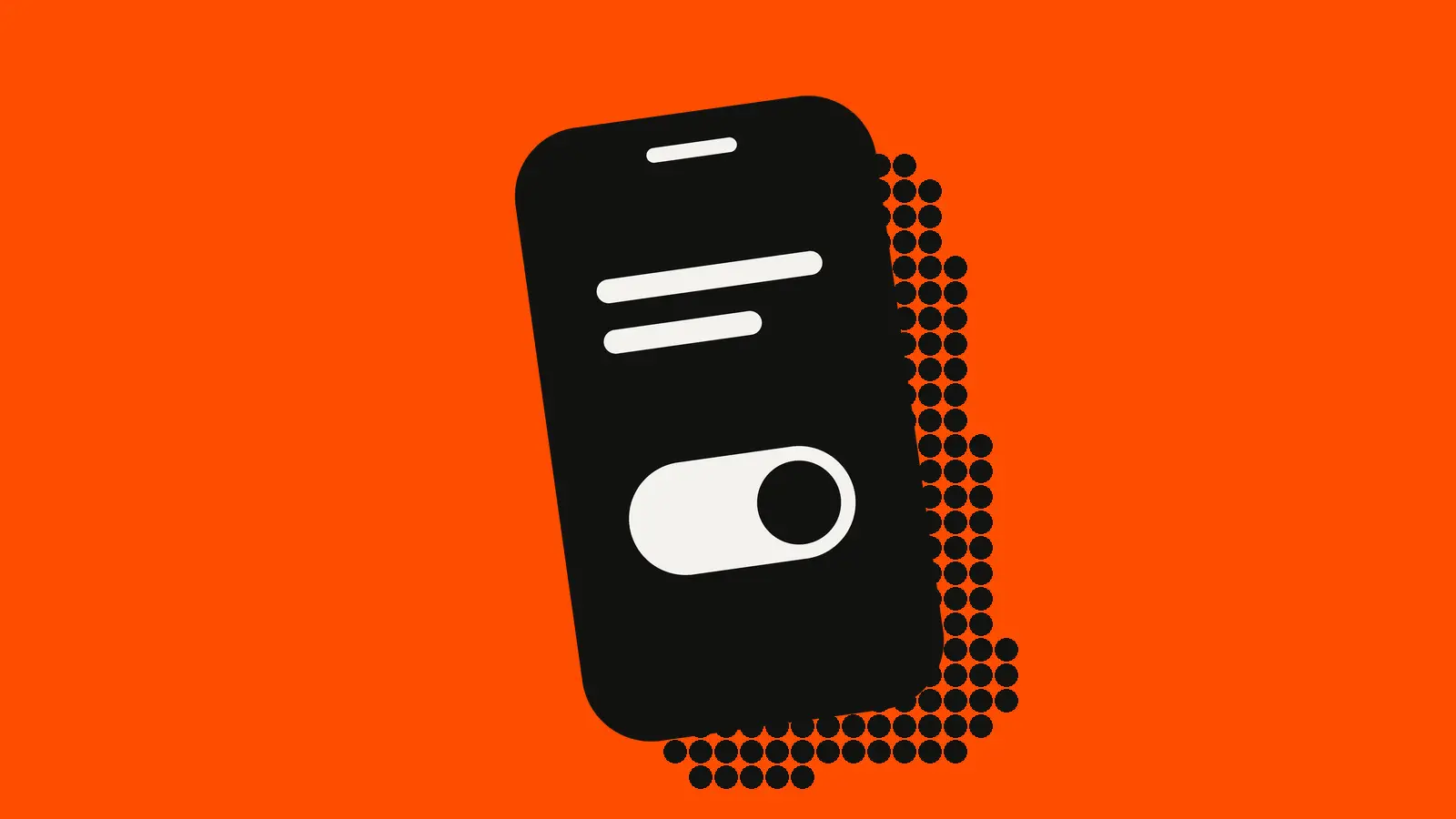 A black phone on an orange-red background with two short white lines and a white toggle switch, its black knob on the right, standing in for a setting that's switched on.