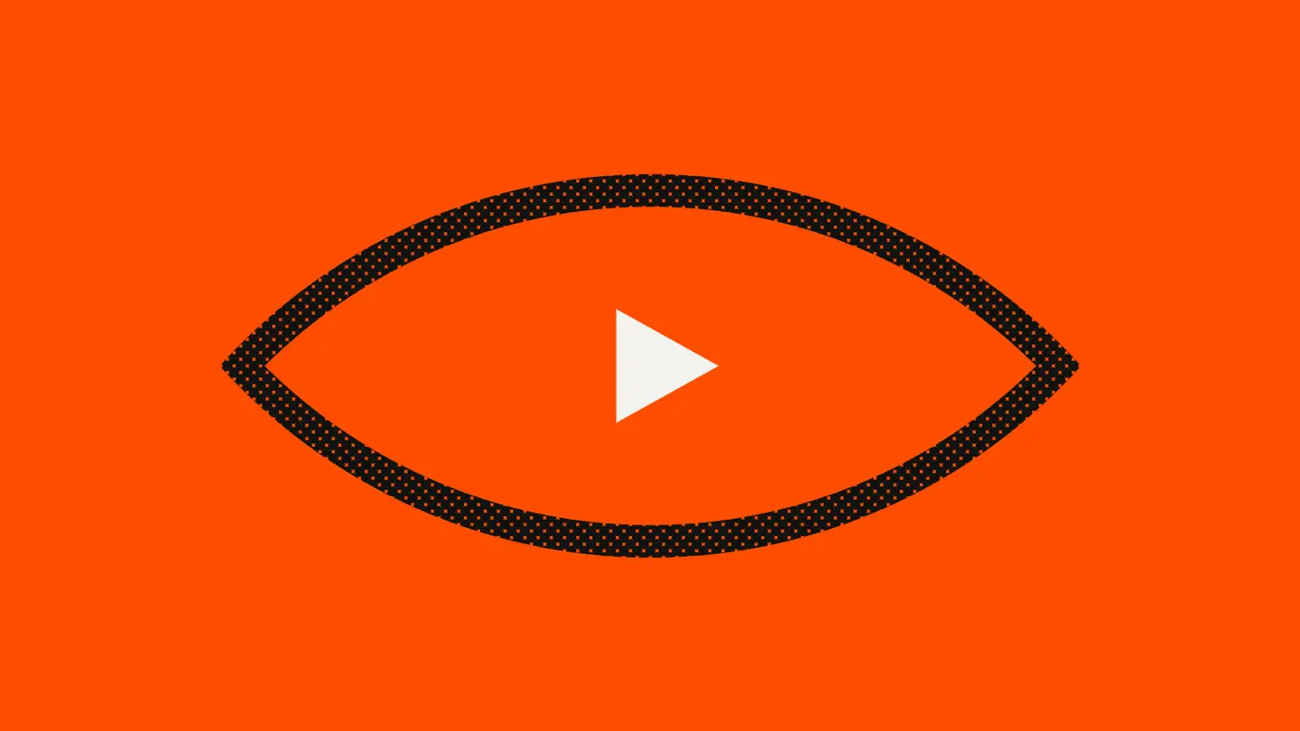 A black halftone eye on an orange-red background, with a white play triangle as the pupil.
